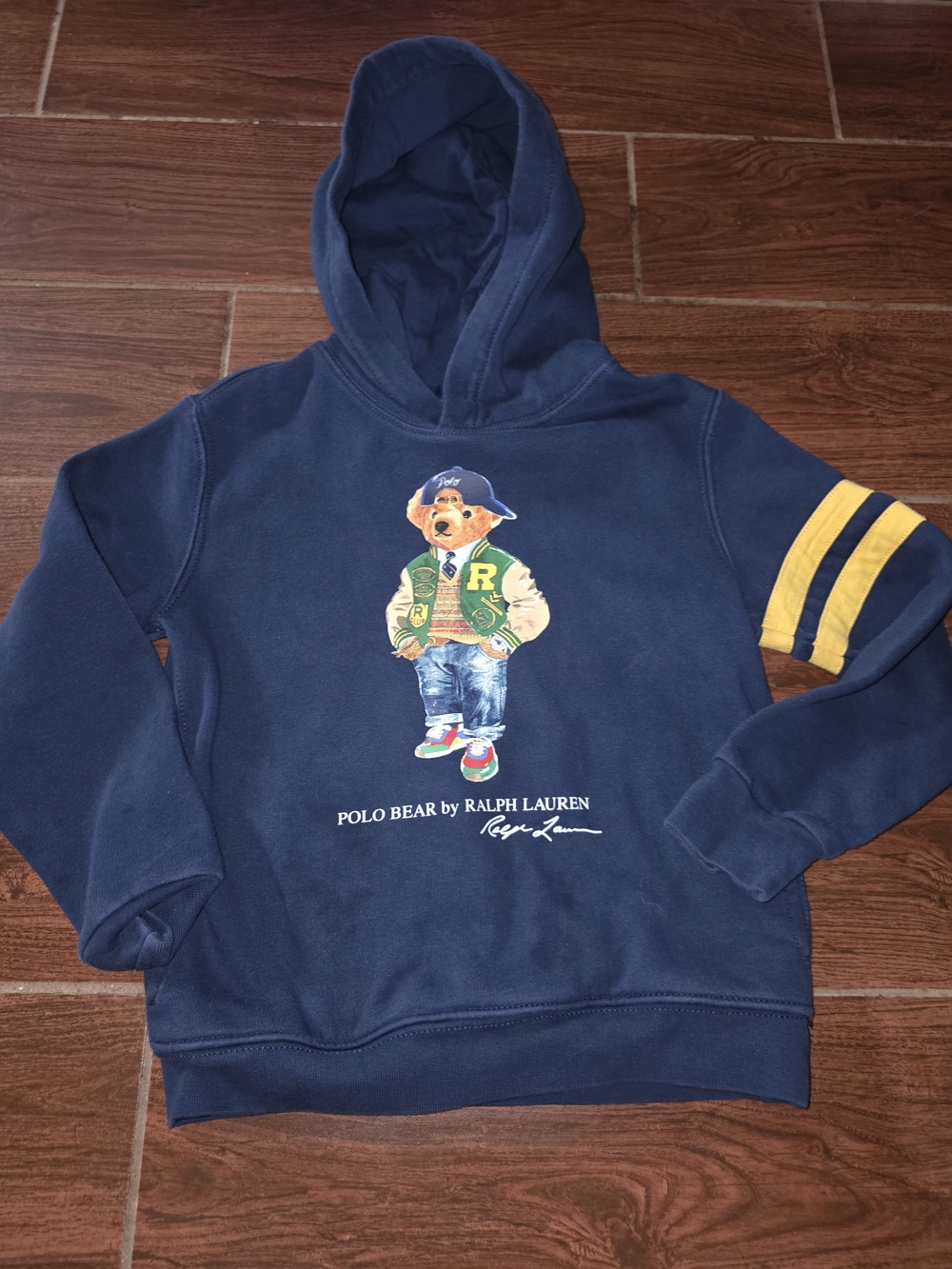 Polo by Ralph Lauren Navy Hoodie with Yellow Sleeve Stripes and Polo Bear